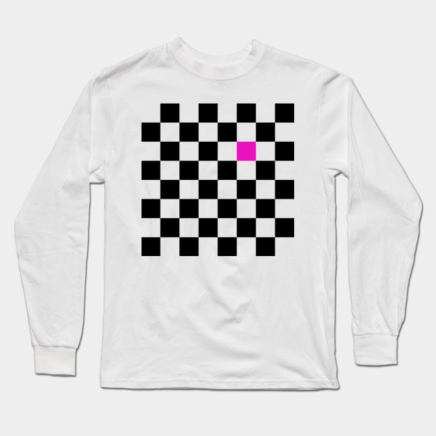 Checkered Black and White with One Hot Pink Square Long Sleeve T-Shirt by AbstractIdeas